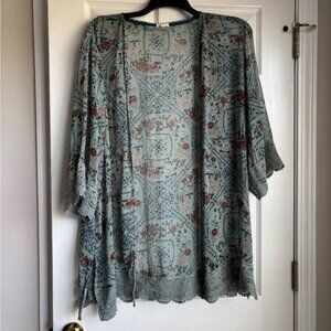 Light Sage Floral Crochet-Trim Kimono Cardigan